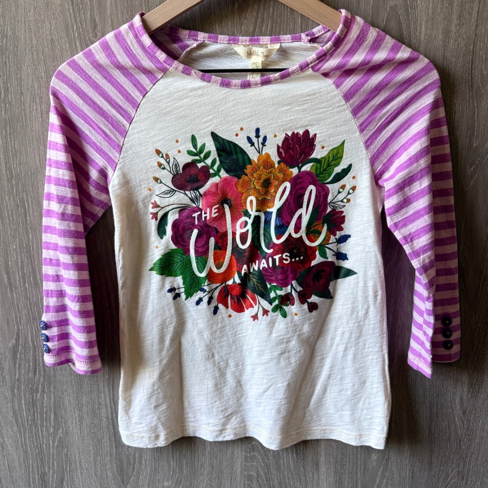 Matilda Jane Graphic Tee Girls 12 White Purple Floral Raglan Boho Cottagecore